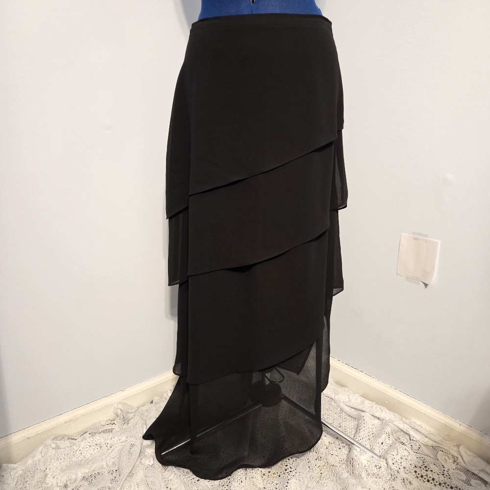 Vintage 90s Black Tiered Asymmetrical Chiffon Midi Skirt Size 10